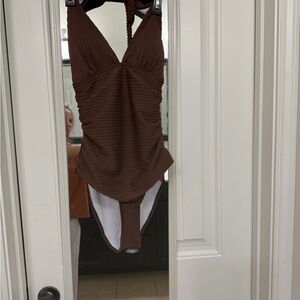 SHEIN Brown Ribbed One-Piece Swimsuit